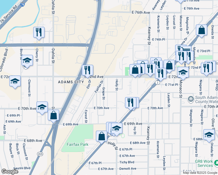 map of restaurants, bars, coffee shops, grocery stores, and more near 7160 Grape Street in Commerce City