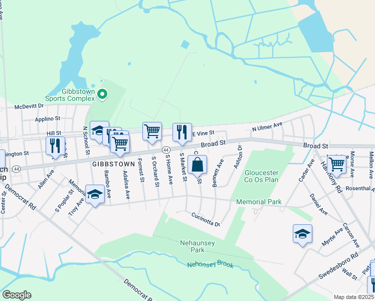 map of restaurants, bars, coffee shops, grocery stores, and more near 7 East Broad Street in Greenwich Township
