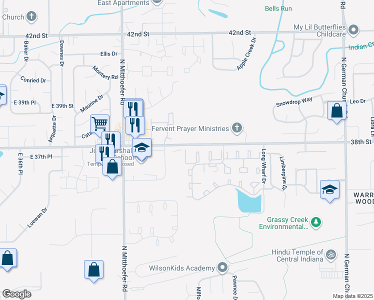 map of restaurants, bars, coffee shops, grocery stores, and more near 10302 E 38th St in Indianapolis