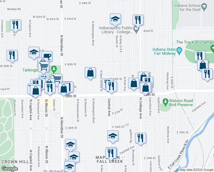 map of restaurants, bars, coffee shops, grocery stores, and more near 3853 Central Avenue in Indianapolis