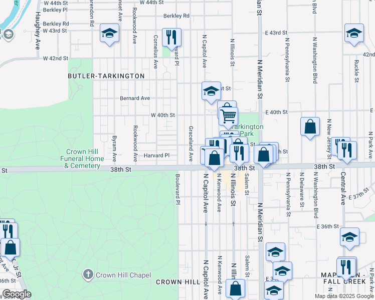 map of restaurants, bars, coffee shops, grocery stores, and more near 3902 Graceland Avenue in Indianapolis