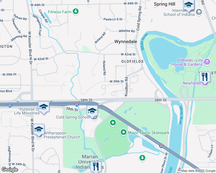 map of restaurants, bars, coffee shops, grocery stores, and more near 2224 Rome Drive in Indianapolis