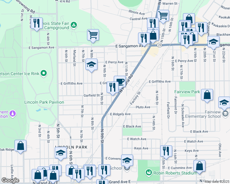 map of restaurants, bars, coffee shops, grocery stores, and more near 1928 North 10th Street in Springfield