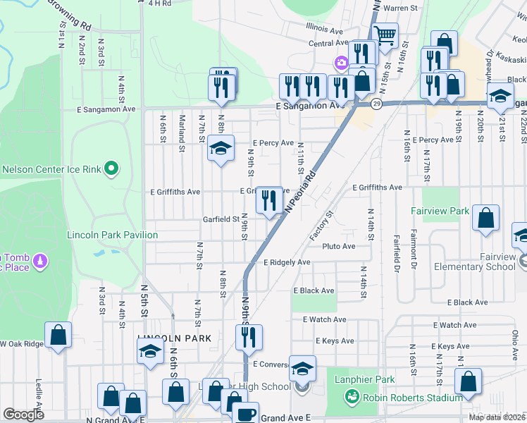 map of restaurants, bars, coffee shops, grocery stores, and more near 1928 North 10th Street in Springfield