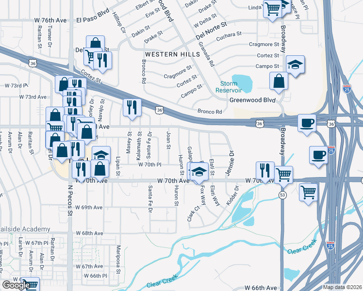 map of restaurants, bars, coffee shops, grocery stores, and more near 7157 Huron Street in Denver