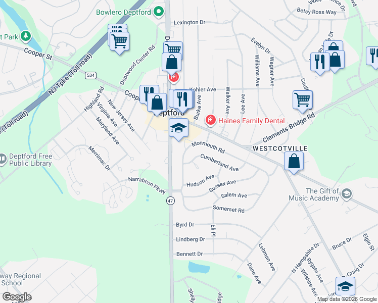 map of restaurants, bars, coffee shops, grocery stores, and more near 1041 Monmouth Road in Woodbury