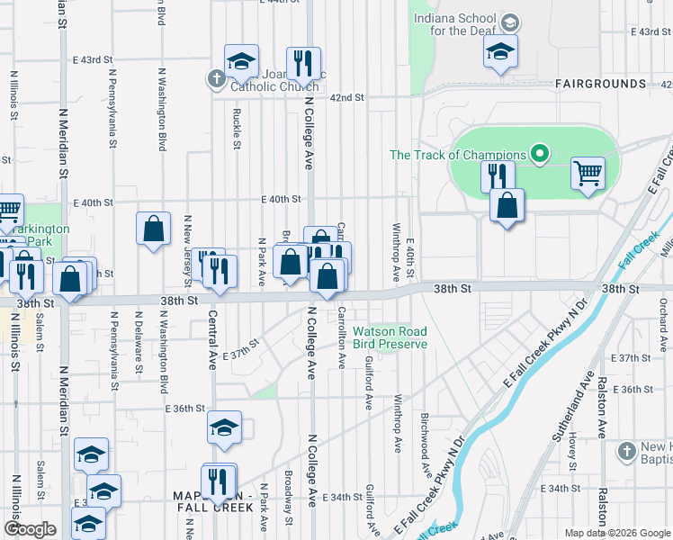 map of restaurants, bars, coffee shops, grocery stores, and more near 3851 Carrollton Avenue in Indianapolis