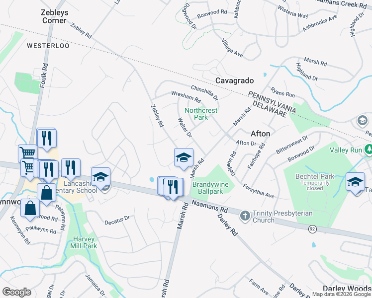 map of restaurants, bars, coffee shops, grocery stores, and more near 5 Dale Court in Wilmington