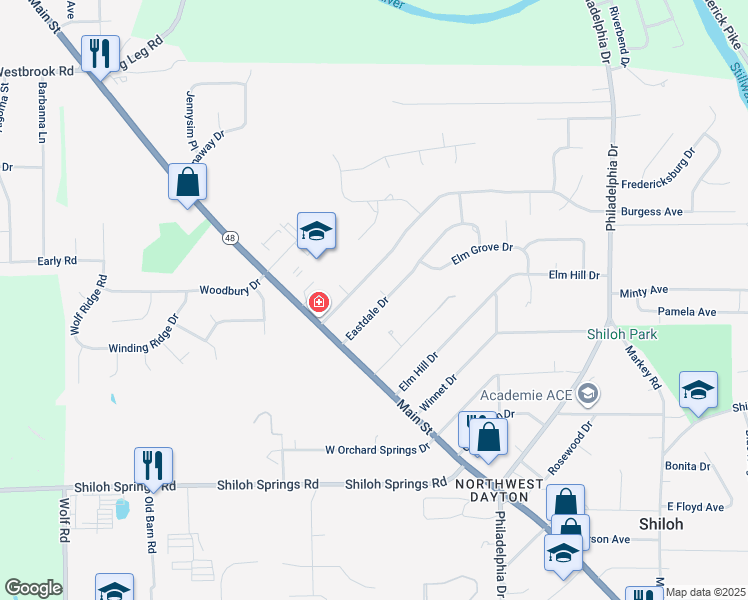 map of restaurants, bars, coffee shops, grocery stores, and more near 47 Burgess Avenue in Dayton