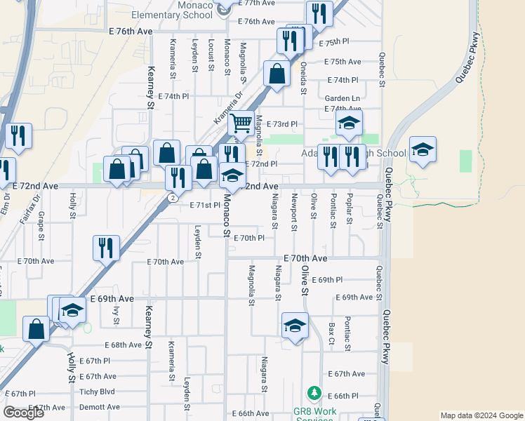 map of restaurants, bars, coffee shops, grocery stores, and more near 6690 East 72nd Avenue in Commerce City