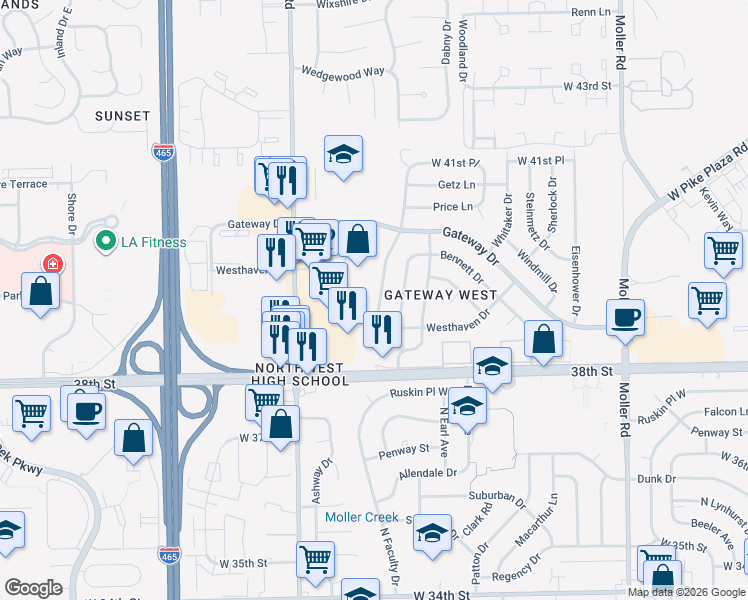 map of restaurants, bars, coffee shops, grocery stores, and more near 3908 North Vinewood Avenue in Indianapolis