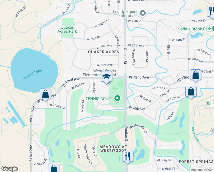 map of restaurants, bars, coffee shops, grocery stores, and more near 16650 West 72nd Avenue in Arvada