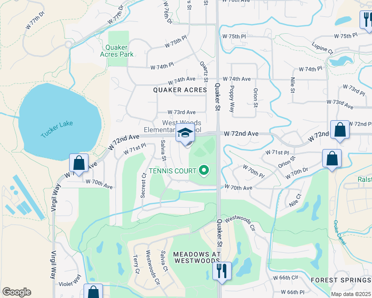 map of restaurants, bars, coffee shops, grocery stores, and more near 16650 West 72nd Avenue in Arvada