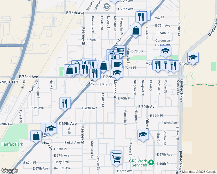 map of restaurants, bars, coffee shops, grocery stores, and more near 7185 Monaco Street in Commerce City