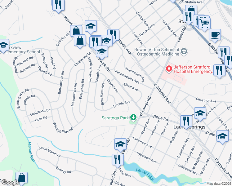 map of restaurants, bars, coffee shops, grocery stores, and more near in Stratford