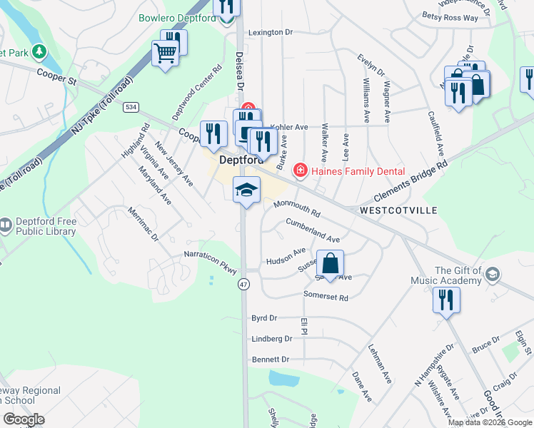 map of restaurants, bars, coffee shops, grocery stores, and more near 1041 Monmouth Road in Woodbury