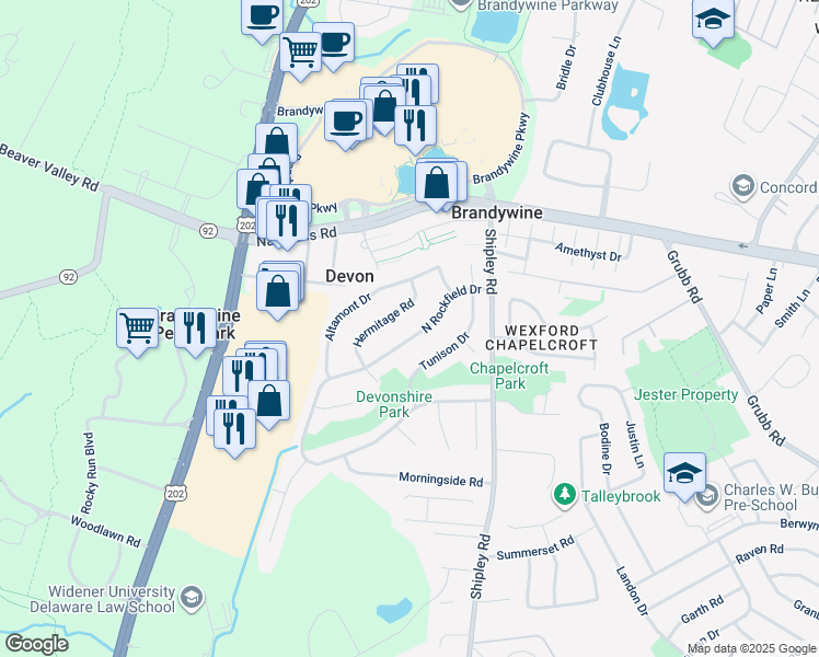map of restaurants, bars, coffee shops, grocery stores, and more near 3309 Hermitage Road in Wilmington