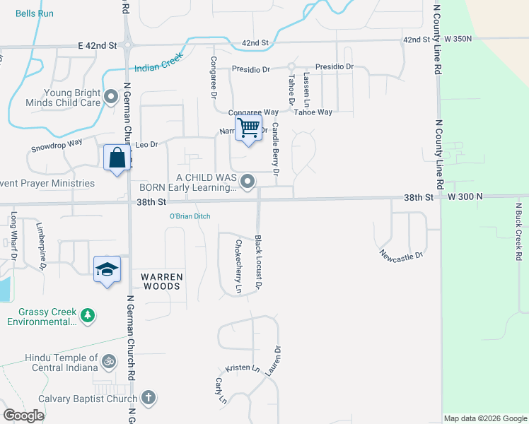 map of restaurants, bars, coffee shops, grocery stores, and more near 3759 Black Locust Drive in Indianapolis