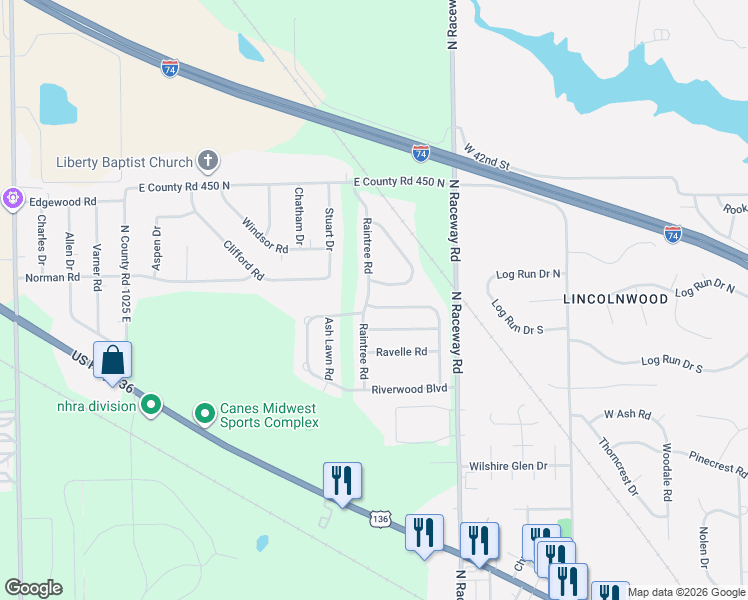 map of restaurants, bars, coffee shops, grocery stores, and more near 4252 Raintree Road in Indianapolis