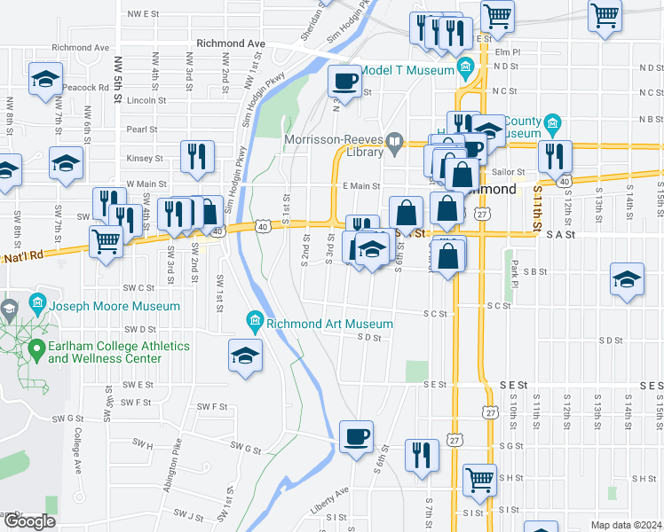map of restaurants, bars, coffee shops, grocery stores, and more near 201 South 3rd Street in Richmond