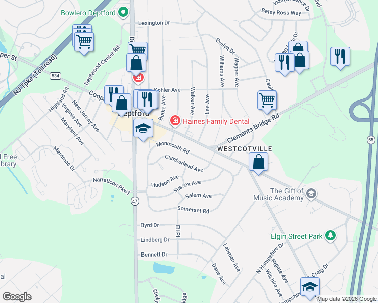 map of restaurants, bars, coffee shops, grocery stores, and more near 1113 Cooper Street in Deptford