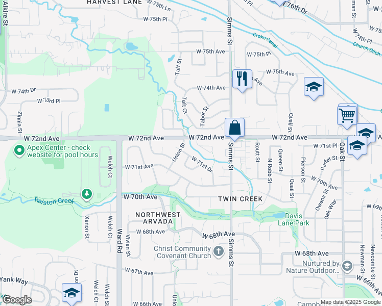 map of restaurants, bars, coffee shops, grocery stores, and more near 7184 Union Street in Arvada