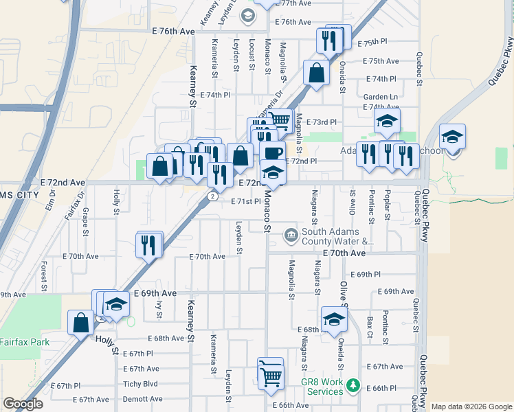map of restaurants, bars, coffee shops, grocery stores, and more near 7185 Monaco Street in Commerce City
