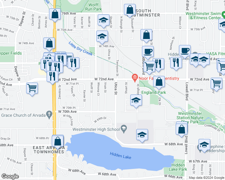 map of restaurants, bars, coffee shops, grocery stores, and more near 7141 Utica Street in Westminster