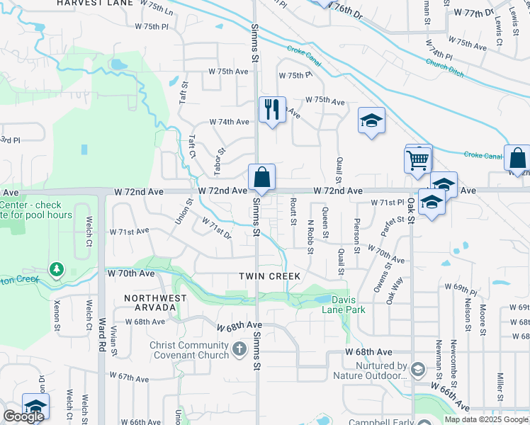map of restaurants, bars, coffee shops, grocery stores, and more near 7190 Simms Street in Arvada