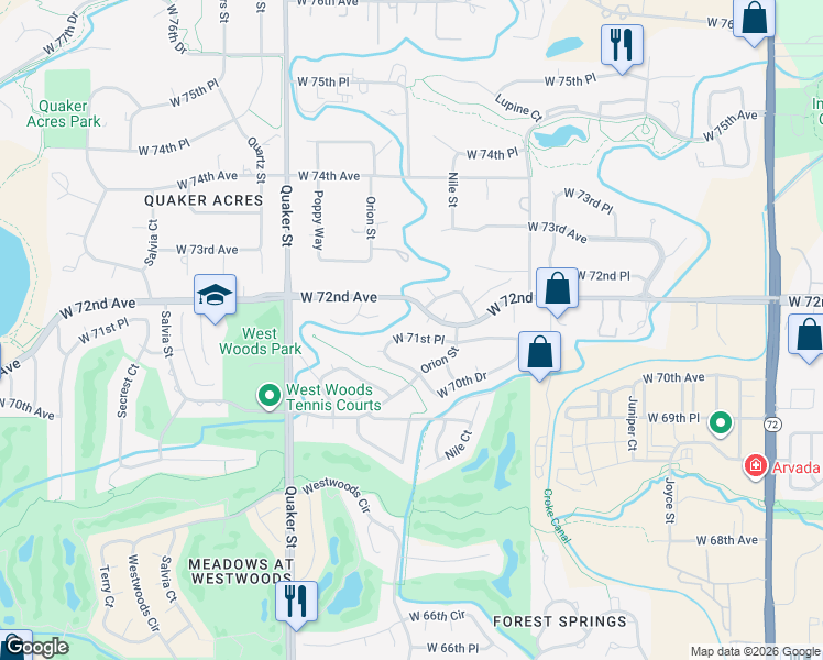 map of restaurants, bars, coffee shops, grocery stores, and more near 15925 West 72nd Drive in Arvada