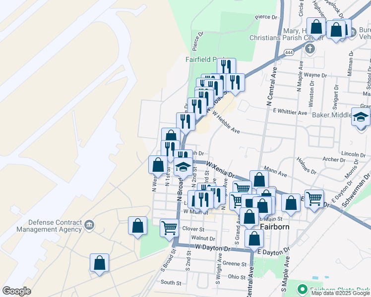 map of restaurants, bars, coffee shops, grocery stores, and more near 308 North Broad Street in Fairborn