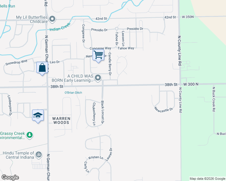 map of restaurants, bars, coffee shops, grocery stores, and more near 11503 Water Birch Drive in Indianapolis