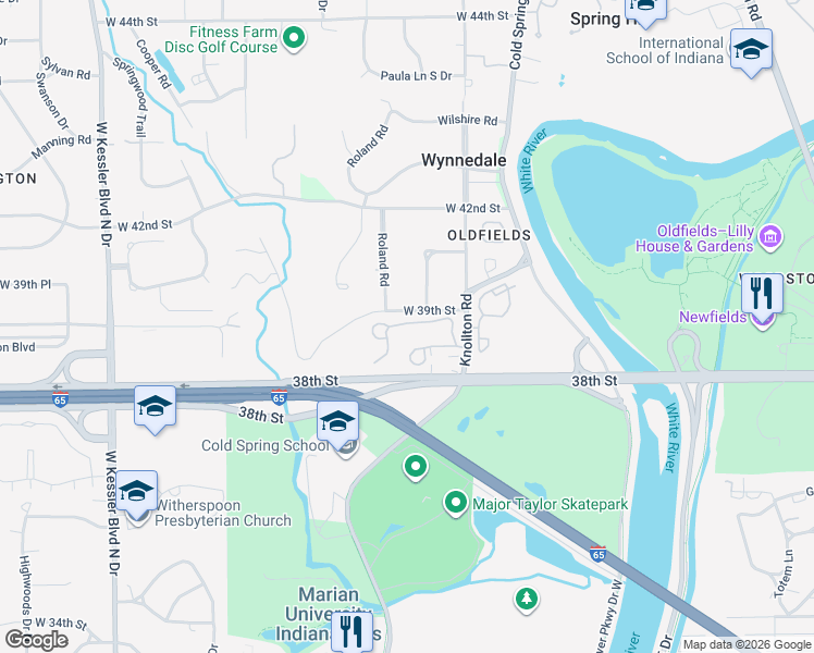 map of restaurants, bars, coffee shops, grocery stores, and more near 2145 Rome Drive in Indianapolis