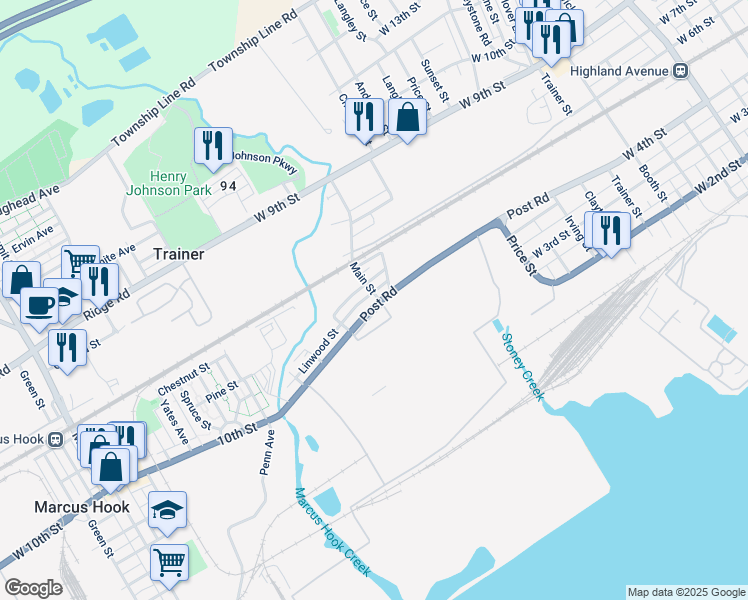 map of restaurants, bars, coffee shops, grocery stores, and more near 402 Main Street in Trainer