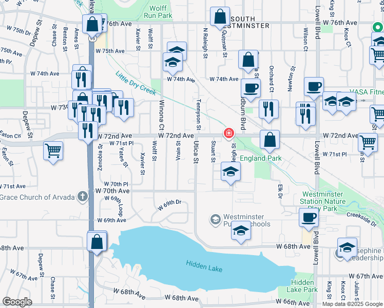 map of restaurants, bars, coffee shops, grocery stores, and more near 7121 Utica Street in Westminster