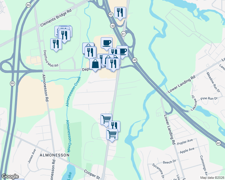 map of restaurants, bars, coffee shops, grocery stores, and more near 1254 Hurffville Road in Deptford