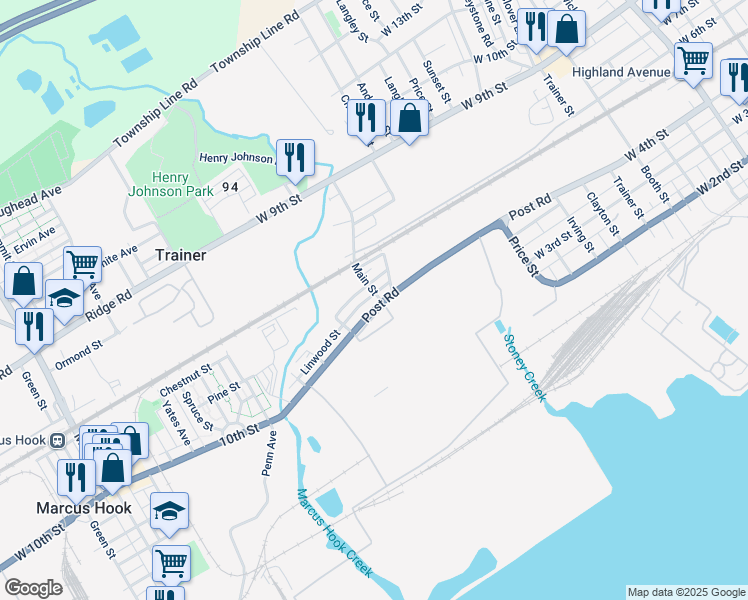 map of restaurants, bars, coffee shops, grocery stores, and more near 402 Main Street in Trainer