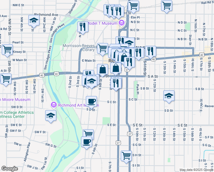 map of restaurants, bars, coffee shops, grocery stores, and more near 123 South 6th Street in Richmond