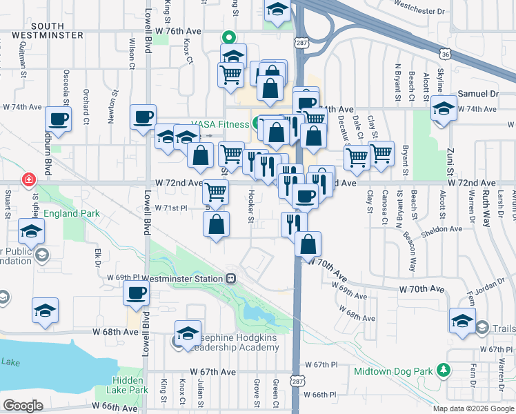 map of restaurants, bars, coffee shops, grocery stores, and more near 3065 Craft Way in Westminster
