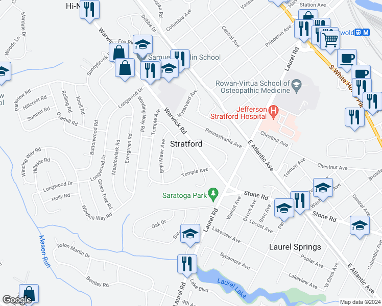 map of restaurants, bars, coffee shops, grocery stores, and more near in Stratford