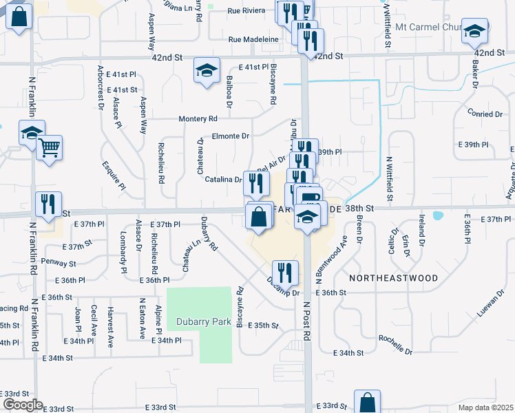 map of restaurants, bars, coffee shops, grocery stores, and more near 8940 E 38th St in Indianapolis