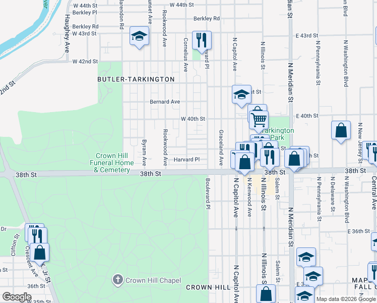 map of restaurants, bars, coffee shops, grocery stores, and more near 343 West 39th Street in Indianapolis