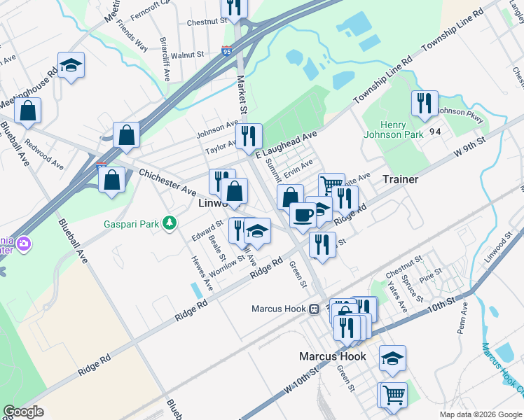 map of restaurants, bars, coffee shops, grocery stores, and more near 16 Richardson Avenue in Marcus Hook