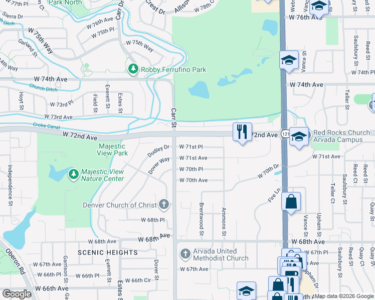 map of restaurants, bars, coffee shops, grocery stores, and more near 8341 West 71st Place in Arvada
