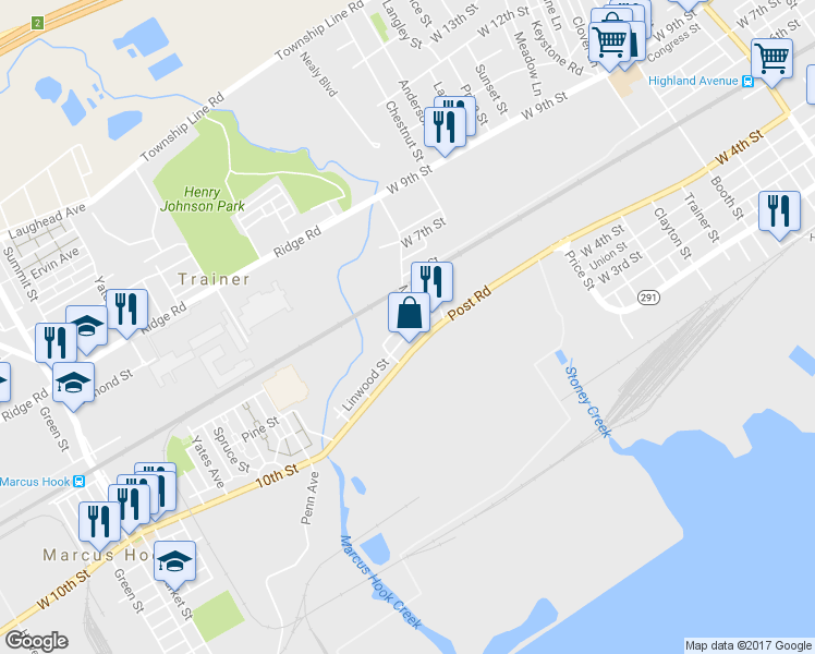 map of restaurants, bars, coffee shops, grocery stores, and more near 4213 West 5th Street in Marcus Hook