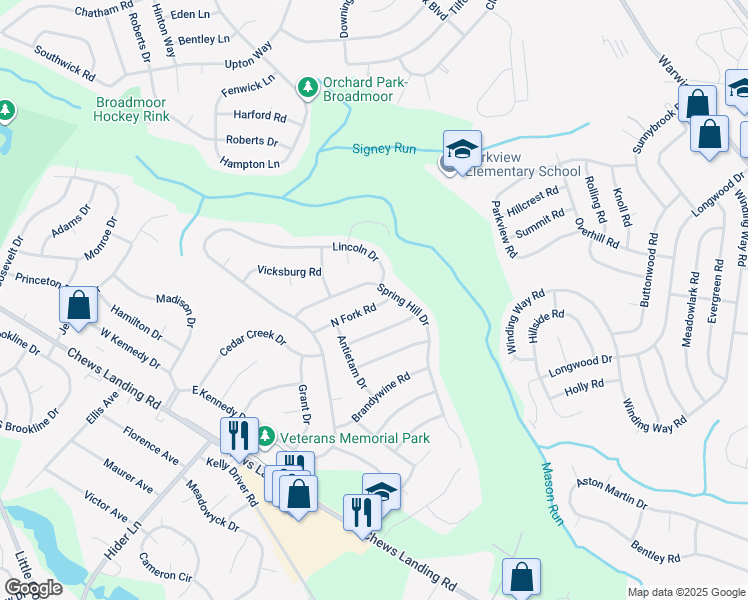 map of restaurants, bars, coffee shops, grocery stores, and more near 20 North Fork Road in Clementon