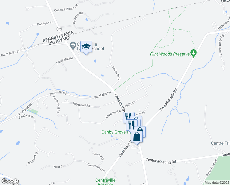 map of restaurants, bars, coffee shops, grocery stores, and more near 5925 Kennett Pike in Wilmington