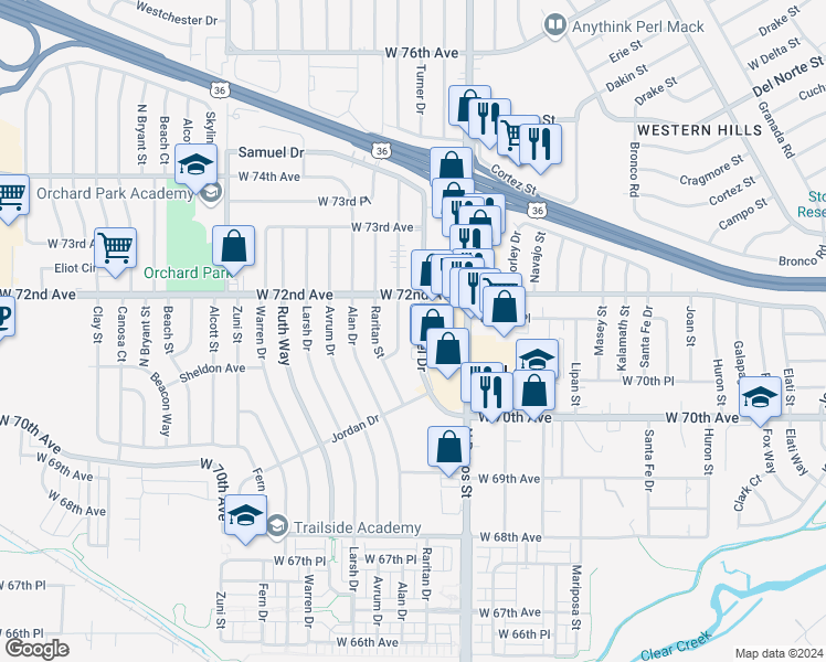 map of restaurants, bars, coffee shops, grocery stores, and more near 7151 Quivas Street in Denver