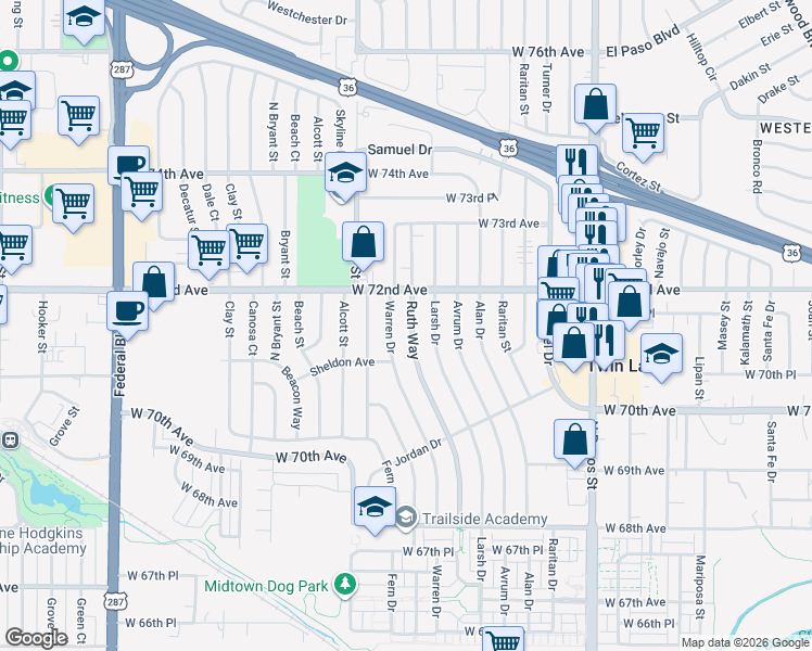 map of restaurants, bars, coffee shops, grocery stores, and more near 7141 Ruth Way in Denver
