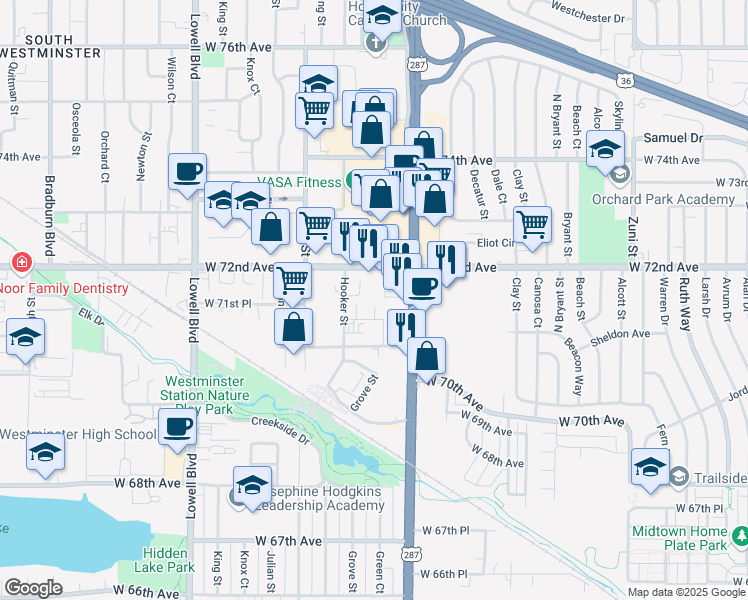 map of restaurants, bars, coffee shops, grocery stores, and more near 3065 Craft Way in Westminster